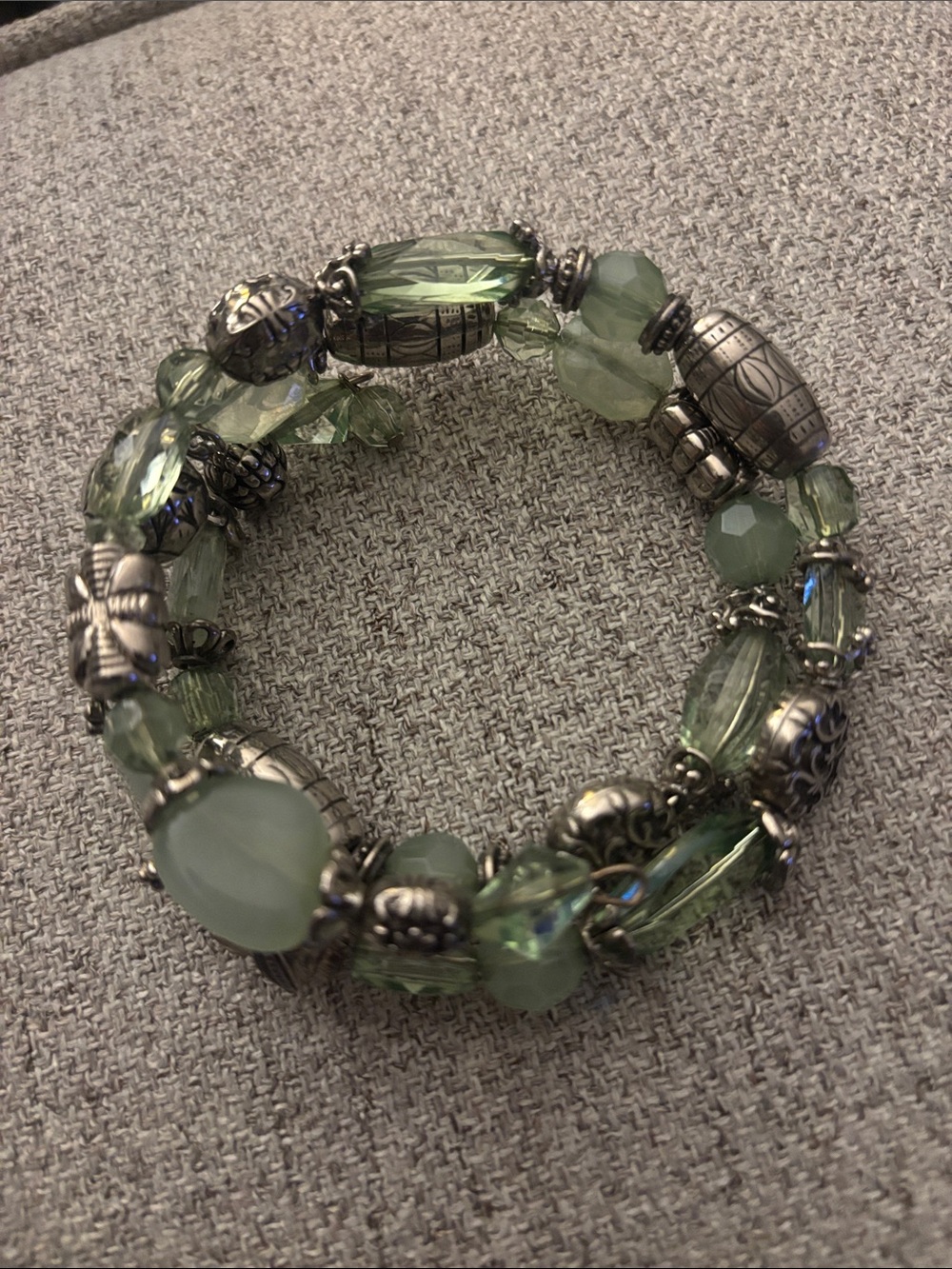 Green Beaded Stretch Bracelet with Silver Accent Beads
